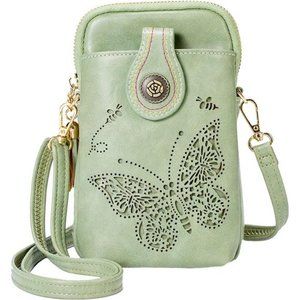 Green Leather Butterfly Pattern Crossbody Handbag Purse